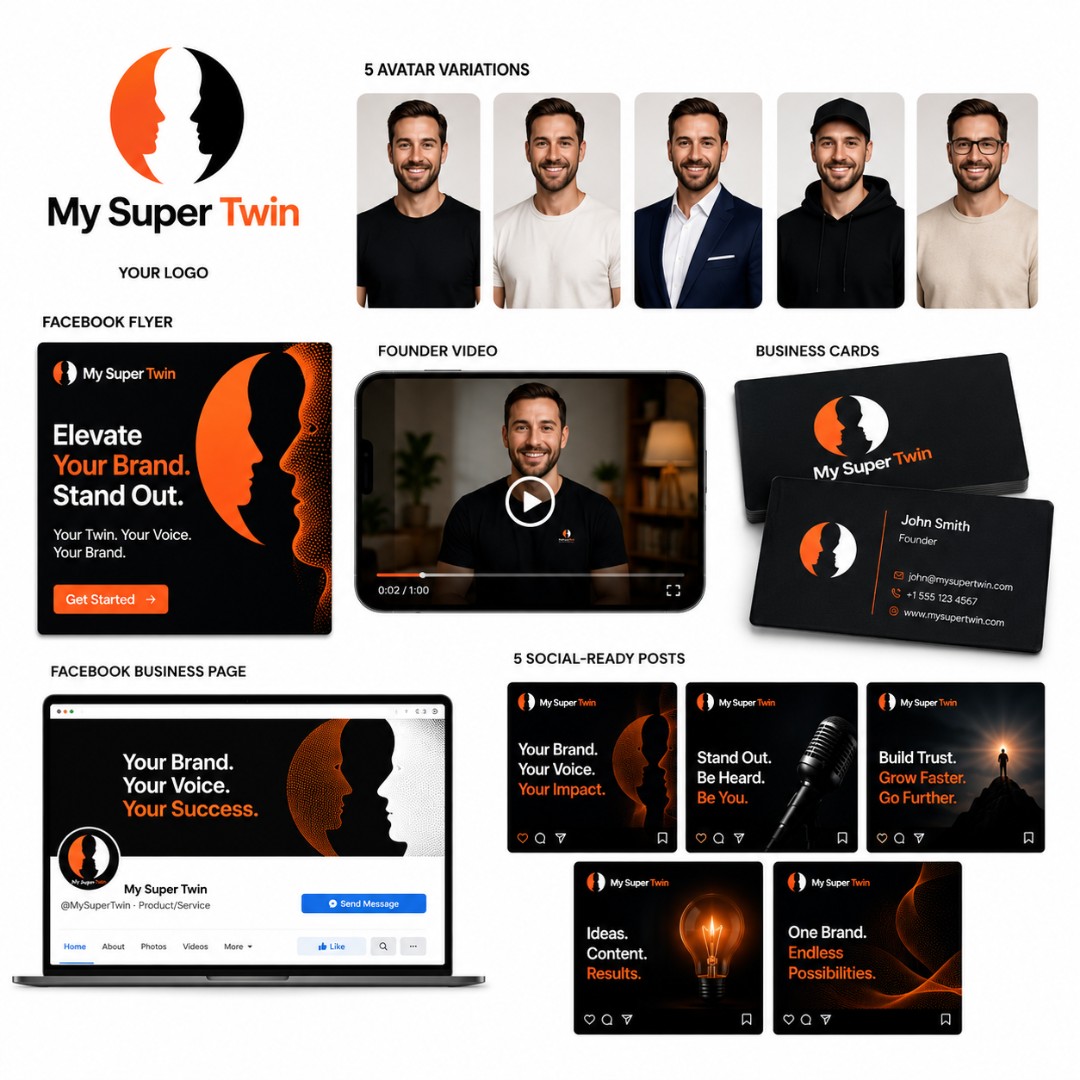 Startup Essentials package showcase — logo, avatars, flyer, founder video, business cards and social posts, all built from one client photo.